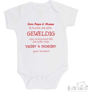 100% katoenen Romper ""Lieve papa & mama ik hoorde dat jullie geweldig zijn en ben heel blij dat jullie mijn vader & moeder gaan worden!"" Unisex Katoen Wit/rood Maat 62/68