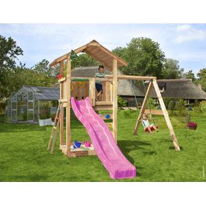 Jungle Gym speeltoestel van douglas hout - Jungle Sierra met roze glijbaan - Tuin speeltoestel voor buiten met zandbak en schommel