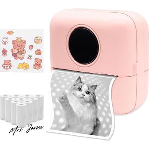 Mrs. Jones Miniprinter voor smartphone - stickerprinter - thermische printer met 10 papierrollen voor etiketten - leren foto's en andere documenten (roze) - draagbaar - compact .