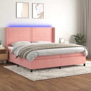 The Living Store Boxspring - Zacht fluweel - Verstelbaar hoofdbord - Kleurrijke LED-verlichting - Pocketvering matras - Huidvriendelijk topmatras - 203x203x118/128cm - roze