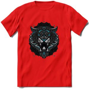 Tijger - Dieren Mandala T-Shirt | Lichtblauw | Grappig Verjaardag Zentangle Dierenkop Cadeau Shirt | Dames - Heren - Unisex | Wildlife Tshirt Kleding Kado | - Rood - M