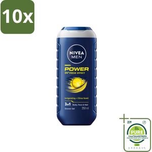 10 x Nivea - Men - Douchegel - Power Refresh - 250 ml - Grootverpakking - NIVEA MEN - Douchegel - 3-in-1 - Verfrissend - Verzorgend
