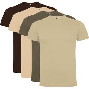 4 Pack Dogo Premium Heren T-Shirt 100% katoen Ronde hals, Zand, Creme, Walnoot, Chocolade, Maat S