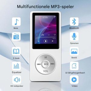 Vitdipy - MP3-Speler - Wit - Incl. 32GB SD kaart - Bluetooth - Met Luidspreker en Spraakrecorder