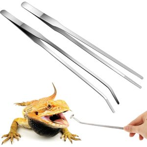 2 Stuks Extra Lange Roestvrijstalen Reptielen Voedingspincet Set voor Aquariums - Recht en Gebogen