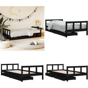vidaXL Kinderbedframe met lades 90x200 cm massief grenenhout zwart - Kinderbedframe - Kinderbedframes - Kinderbed - Peuterbed