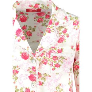 Exclusief Luxueus Kinder nachtkleding Luxe mooie zacht roze Girly Pyjama van Hanssop met verfijnde kant rand details en luxe kraag verwerking, Meisjes Pyjama, zacht roze rozen bloem print, maat 140