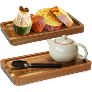 Set van 2 kleine dienbladen, antislip houten dienblad, kaptafeldienblad, decoratie, houten onderzetter, houten dienblad, badkamerdienblad, rechthoekig voor voedsel, planten, snacks, taarten