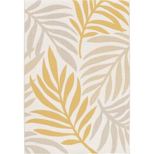 sweeek - Tapijt voor binnen en buiten, beige en mosterdkleurig plantenpatroon, gerecycled polyester