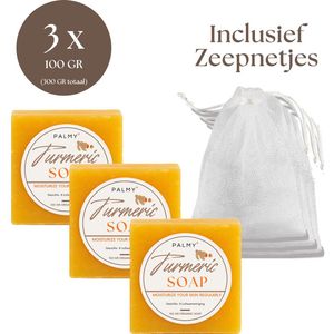 PALMY® Turmeric Soap - 3 Stuks (Incl. Zeepnetjes) - Kurkuma Zeep - 100% Natuurlijk - Gezichtsreiniging - Lichaamsreiniging - Body wash - Handzeep - Douchezeep - Anti Acne - Anti littekens