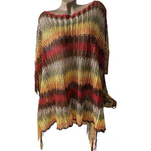 Kaftan/poncho gehaakt met franjes One size rood/geel/groen