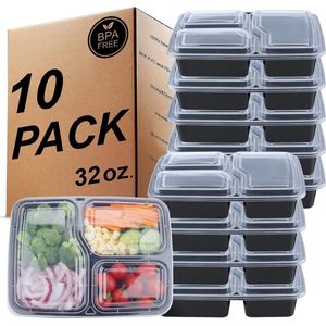 [20 Pack] 3 compartimenten BPA-vrije herbruikbare maaltijdbereidingscontainers, plastic voedselopslag met luchtdichte deksels, vriezer, magnetron- en vaatwasmachinebestendig, stapelbare portiecontrole Bento lunchboxen [32 oz]