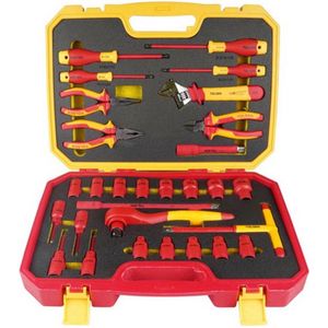 Tolsen Gereedschapset VDE 29-delig Premium - Gereedschapskoffer gevuld - 4x Schroevendraaiers - 3x Tangen - 17x Doppenset 1/2"" - 1x Ratelsleutel 1/2"" - T-Handgreep sleutel 1/2"" 200 mm - 1x Moersleutel Verstelbaar 200 mm - 2x Verlengstuk 125 & 250 mm