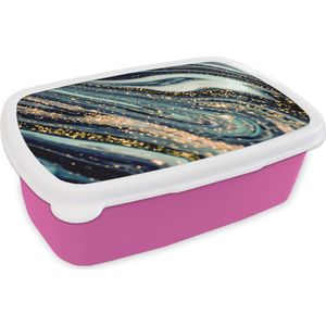 Broodtrommel Roze - Lunchbox - Brooddoos - Marmer - Goud - Blauw - Glitter - Marmerlook - Abstract - 18x12x6 cm - Kinderen - Meisje