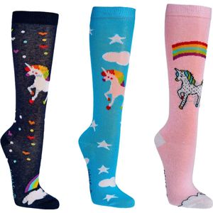Hoge kindersokken | Eenhoorn | Kleur: Roze / Blauw | Maat: 23-26 | Aantal: 3 paar