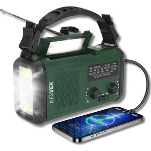 Nexvex® Pulse 1X Noodradio Powerbank 10000mAh - Solar Powerbank Zonneenergie - Noodpakket - Survival Kit Kamperen - Militaire Zaklamp LED Oplaadbaar - Draagbare Radio Wandelen - Leeslamp - Nood Kompas - Opwindbaar - Zonnepaneel - Noodrantsoen - Groen