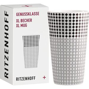 koffiemok XL 500 ml - Serie Genussklasse nr. 3 - porseleinen beker met plus-motief, designstuk, zwart, wit