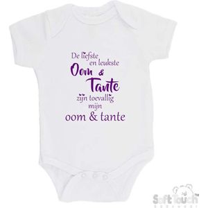 100% katoenen Romper ""De liefste en leukste Oom & Tante zijn toevallig mijn Oom & Tante"" Meisjes Katoen Wit/paars Maat 62/68