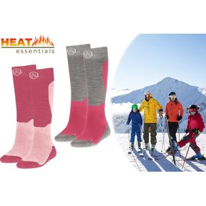 Heat Essentials - Ski Sokken 35 38 - Roze - 2 Paar - Unisex - Extra Ondersteuning en Demping - Warme Sokken met Wol - Skisokken Heren - Skisokken Dames - Wintersport Sokken - Huissokken - Compressie sokken