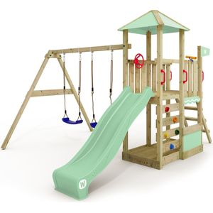 WICKEY speeltoestel klimtoestel Smart Savana met schommel & pastelgroene glijbaan, outdoor kinderspeeltoestel met zandbak, ladder & speelaccessoires voor in de tuin