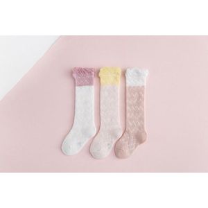 Peuter/ Kleuter - Lange knie sokken - set van 3 paar - 2 tot 4 jaar/ maat M - zigzag print - geel-roze-wit