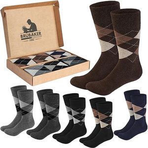 BRUBAKER - Herensokken - Grijs/Bruin - 6 Paar met Argyle Ruitpatroon in Geschenkverpakking