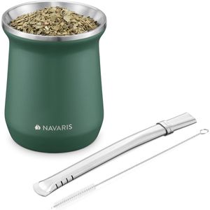 Navaris Yerba Mate beker 300 ml - Dubbelwandige roestvrijstalen Mate-theeset met kalebasbeker en Bombilla-rietje en borstel voor mate-drankje - Groen