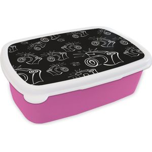 Broodtrommel Roze - Lunchbox - Brooddoos - Camera - Patronen - Zwart Wit - 18x12x6 cm - Kinderen - Meisje