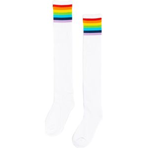 KIMU Sokken Wit Regenboog Strepen - Maat 36-41 - Dames Heren Unisex - Witte Kniekousen Voetbalsokken Sportsokken Kniesokken Kousen Streepjes Sinterklaas Kado