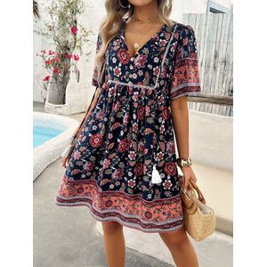 Damesjurk V-hals Boho Mini-jurk Strandjurken Korte zomer Korte mouw Bloemen A-lijn Casual jurk Elegante lichte casual jurk Marineblauw M