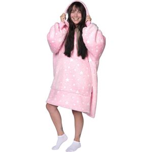 Noony Luminous Pink oversized hoodie deken - Glow in the dark sterren - Plaids met mouwen - Fleece deken met mouwen - Ultrazachte binnenkant - Hoodie blanket - Snuggie - One size fits all