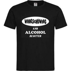 T-shirt Unisex Volwassenen Lol - carnaval - kermis - feestje - grappig Tekst ""Waarschuwing Kan alcohol bevatten"" Op Voorkant | korte mouw | Zwart/wit | maat L