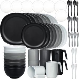 serviesset van PP, 56-delig, servies met bestek voor BBQ, camper, picknick, camping, tafelcombiservies met 8 platte borden, 8 dessertborden, 8 kommen, 8 kopjes voor 8 personen