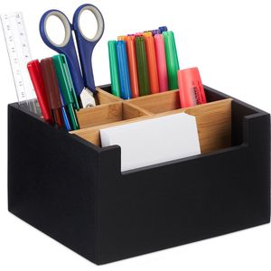 Relaxdays pennenbak zwart - 5 vakken - bamboe - bureau organizer - pennenhouder - groot
