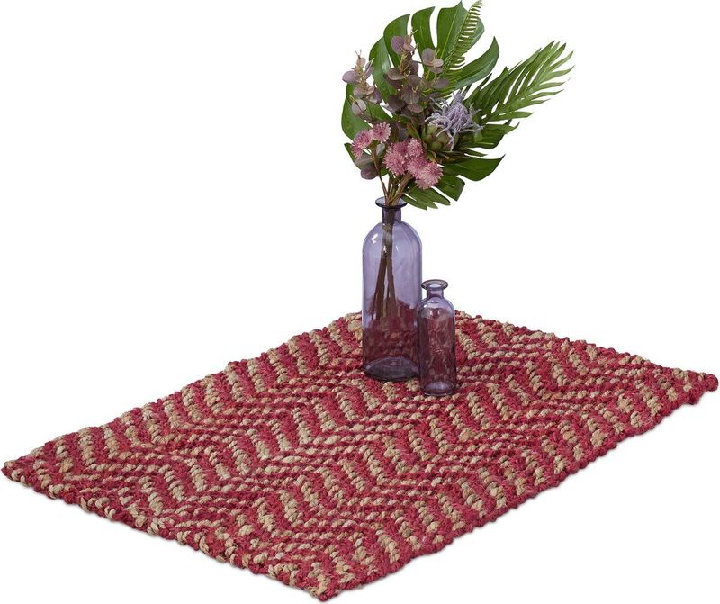 Relaxdays vloerkleed jute - 60 x 90 cm - vloertapijt - zigzag - handgeweven - beige/rood