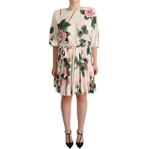 Geplooide jurk van stretchzijde met witte rozenprint