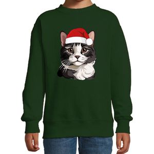 Bellatio Decorations Kersttrui / sweater kat/poes - kinderen - grijze kat/poes - groen - kerstmuts - Kerstmis 98/104