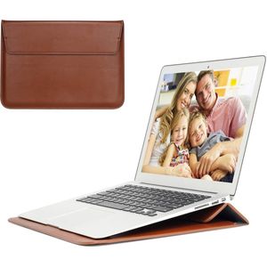 2-in-1 Laptopsleeve 13 tot 13,6 inch - Bruin - Vegan Leer - Laptophoes Dames / Heren - Laptop Tas Sleeve met Standaard