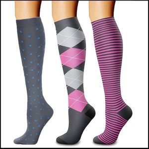 3-compressie sokken voor vrouwen - Sportcompressiekousen - Lange compressiekousen voor dames - vrouwen compressiekousen - Rekbare compressiekousen - voor hardlopen, atletische, reizen-Blauwe stippen/roze roosters/roze lijnen-L/XL