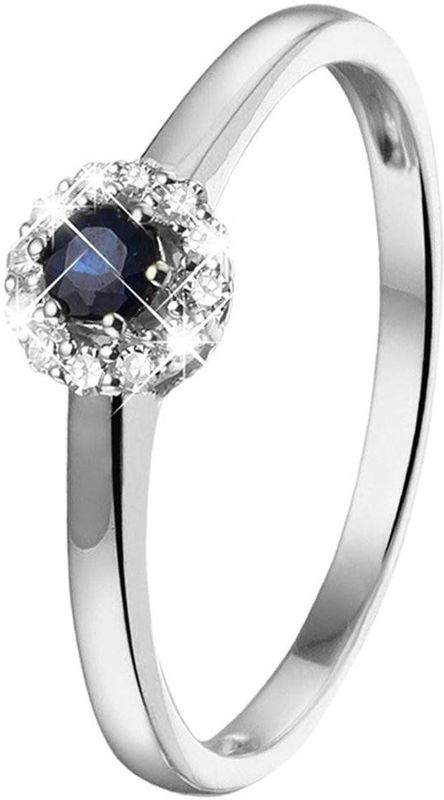 Lucardi - Dames Ring - Witgoud - 14 Karaat - Saffier en 12 Diamanten 0.08ct