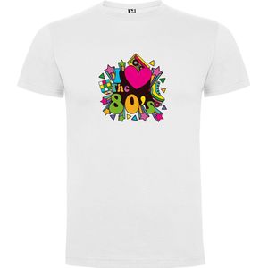 Wit T-Shirt met Kleurrijke print “ I love the 80's kubus skate en Casettebandje – Humor – Leeftijd – Retro “ Print Full Color Maat M