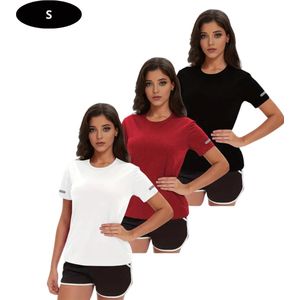 Nivard Sportshirt Dames - Sport - Fitness - Compressie Shirt - Corrigerend Hemd - Sportkleding - Vrouwen - 3 Stuks - Zwart + wit + rood - S