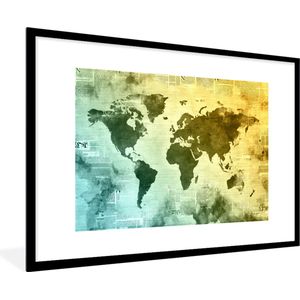 Fotolijst incl. Poster - Wereldkaart - Blauw - Geel - 120x80 cm - Posterlijst