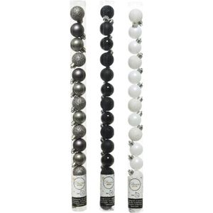 42x Stuks kunststof kerstballen mix zwart/antraciet grijs/wit 3 cm - Kleine kerstballetjes - Kerstboomversiering