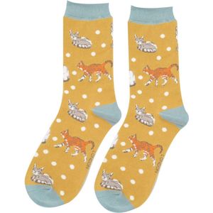 Miss Sparrow - Bamboe sokken dames katten - mustard - dierenprint - kattenprint - kattenliefhebber - grappige sokken - cadeautje