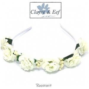 Clayre & Eef - Rozen bloem corsage op haarband / diadeem - Crème (Wit) met groen - volwassenen jeugd - vrouwen meisjes - casual feest bruiloft