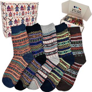 Tutti Footi - Warme Winter sokken - Set van 5 paar - Vintage Noors design met Wol - Maat 37-41 - Huissokken Dames/Heren