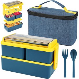 Lunchbox van 1400 ml met 3 compartimenten - 2-laags lekvrije Bento-box met geïsoleerde tas en bestek, maaltijdbereidingscontainer voor volwassenen, kinderen, studenten, kantoor, magnetronbestendig beschikbaar (blauw)