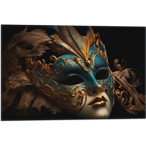Vlag - Venetiaanse carnavals Masker met Blauwe en Gouden Details tegen Zwarte Achtergrond - 60x40 cm Foto op Polyester Vlag