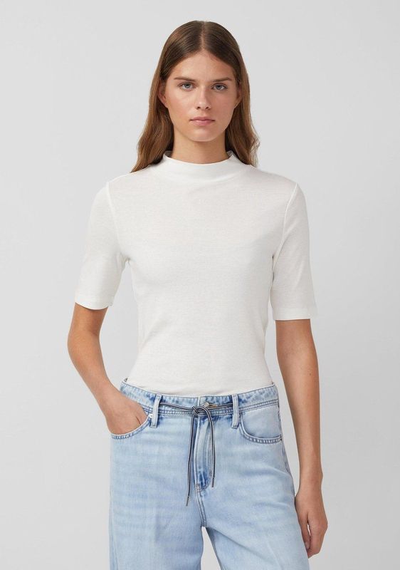 s.Oliver - T-shirt - Offwhite - Zomershirt met Opstaande Kraag en in Rib-optiek